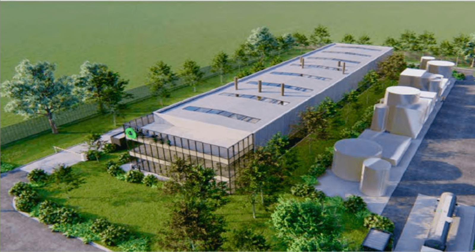 Aerial rendering of a modern GGEG waste-to-renewable-energy facility surrounded by green landscaping
